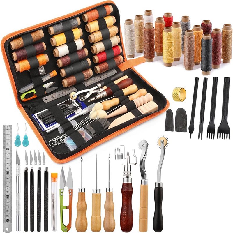 Beginner Leatherwork Kit - A59Z-왁스칠한 실, 그루버, 아울&펀치가 포함된 66개