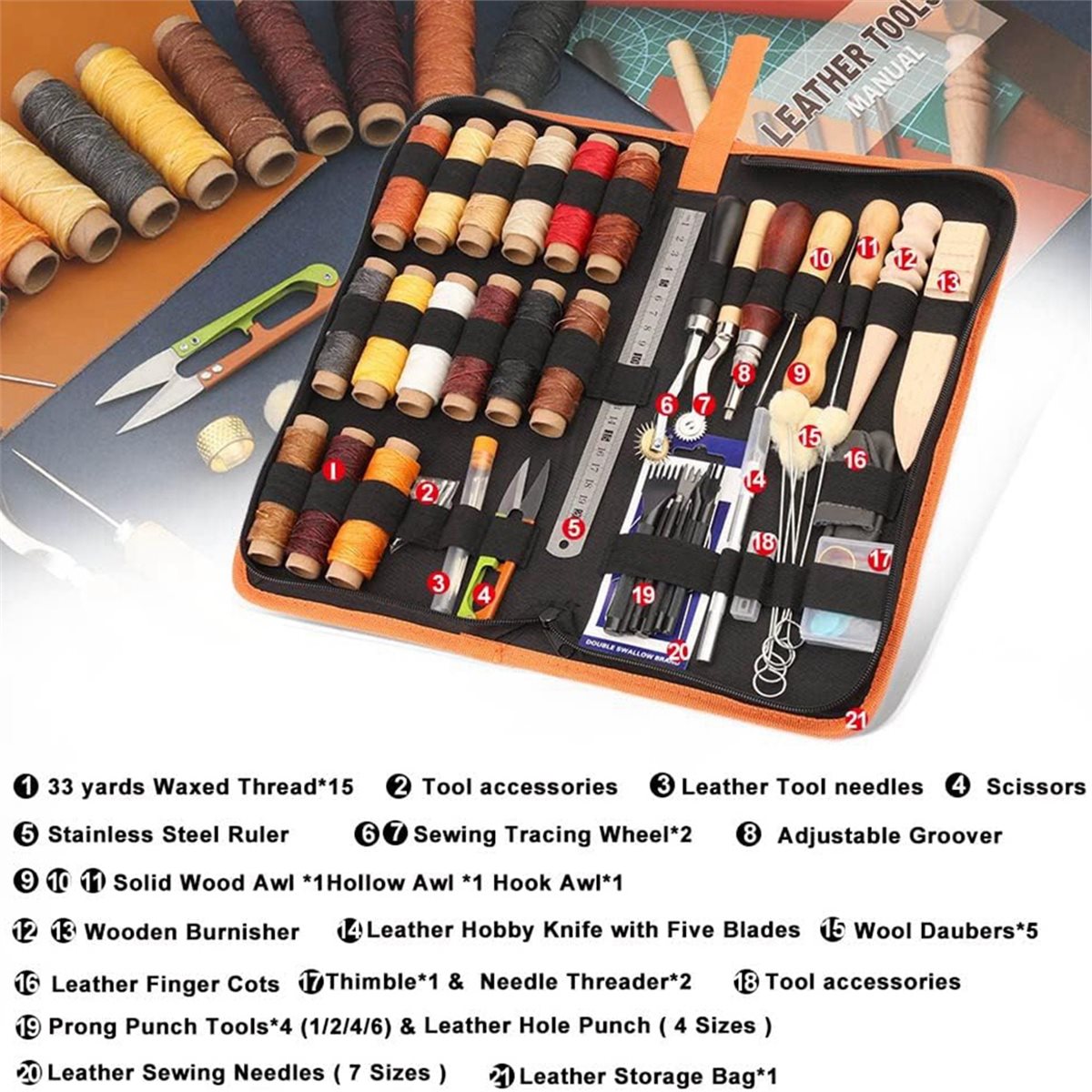 66종 가죽 공예 도구 세트 (왁스칠한 실, 그루버,  - Beginner Leatherwork Kit 리뷰 및 가격